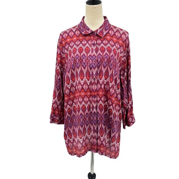 Coldwater Creek Plus Purple Orange Ikat 100% Linen 3/4 Sleeve Button Up Shirt - Picture 1 of 11